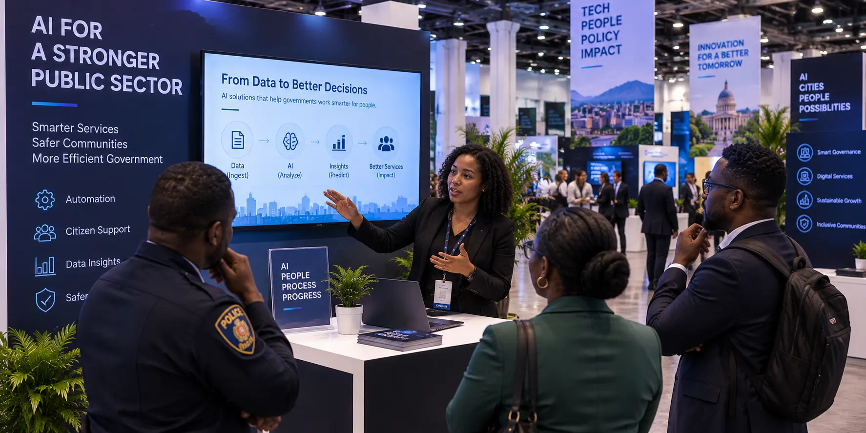 An exhibitor presenting a Caribbean-built AI solution to public-sector leaders